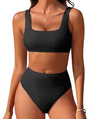 Textured Black High-Waist Bikini Set - Classic Scoop Top